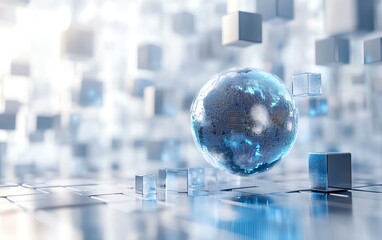 Poster - Blue and silver digital globe on a pristine white surface, surrounded by floating cubes representing the worldwide network of interconnected data