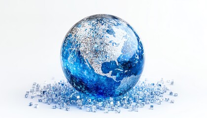 Poster - Blue and silver digital globe on a white background, surrounded by numerous small cube icons symbolizing global network connections, glowing with a futuristic tech aura