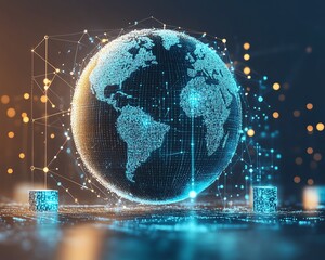 Poster - Blue and silver digital globe on a white background, surrounded by numerous small cube icons symbolizing global network connections, glowing with a futuristic tech aura