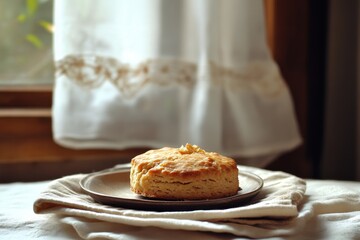 Wall Mural - Golden Brown Biscuit On Rustic Plate Near Window