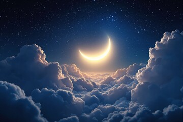 Wall Mural - Crescent moon glowing among fluffy clouds, illuminated under a starry night sky. Ethereal atmosphere on a celestial-themed background, concept of serenity. Ai generative