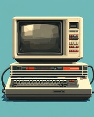 Retro beige desktop computer with CRT monitor and integrated keyboard, isolated on teal background.