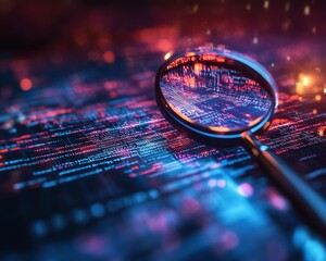 Poster - Detailed IT Security Risk Assessment concept with a magnifying glass focused on a document, set within an abstract technological atmosphere filled with digital elements