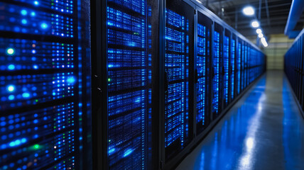 Poster - Data Center Power: Rows of powerful servers illuminate a modern data center, showcasing advanced technology and the digital infrastructure driving the world.  