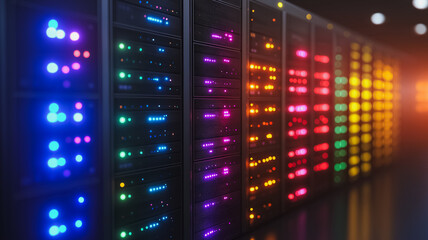 Poster - Data Center Symphony: vibrant, multicolored lights illuminate a server rack, showcasing the powerful energy and intricate network within a modern data center.  