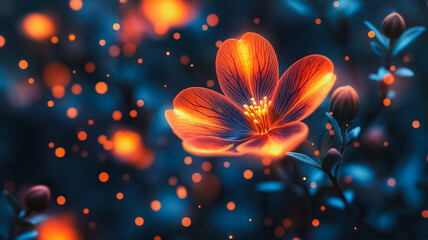 Poster - Fiery Bloom in the Night: Glowing orange flower with bokeh effect, magical and surreal. Dark blue background, vibrant colors, mystical ambiance 