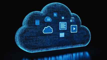 Poster - Digital Cloud Network: A mesmerizing 3D rendering of a glowing blue cloud, symbolizing the vastness and connectivity of a modern digital network.  Data storage, seamless access.