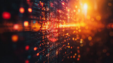 Poster - Digital Data Stream: Abstract image of a digital data stream, glowing with warm light, a vibrant representation of the flow of information in the digital age. Perfect for tech, innovation.