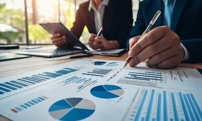 Poster - Business Analysts Reviewing Financial Data Graphs Charts  Meeting Collaboration Teamwork Strategy