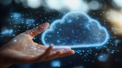 Canvas Print - Cloud Computing in Hand: A hand gently cradles a glowing, ethereal cloud, symbolizing the power and accessibility of modern cloud technology. The image evokes a sense of innovation and potential. 