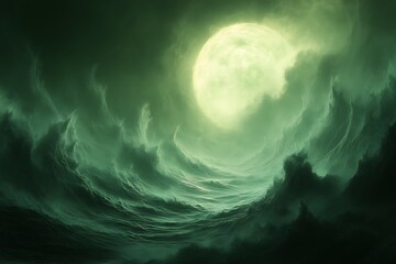 eerie green moon in swirling clouds.