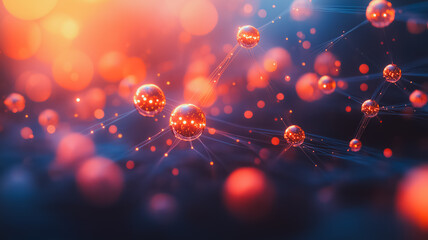 Poster - Atomic Sunset: Abstract Network of glowing spheres interconnected, bathed in warm sunset hues.  A mesmerizing image ideal for technology, science, and connectivity concepts. 