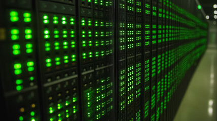 Poster - green data center server room: rows of powerful servers glow with green indicator lights, illuminati