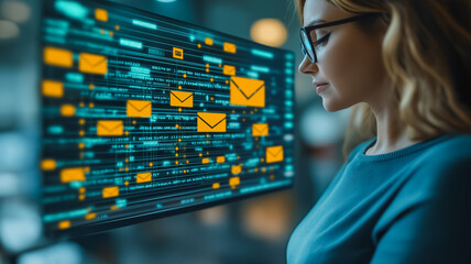 Poster - Woman Focused on Email Marketing: A young professional woman intently analyzes a screen filled with email icons and digital code, highlighting the intricate world of digital marketing.  