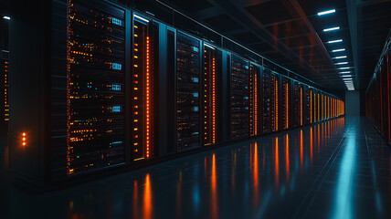 Poster - Cybersecurity Server Room: Rows of powerful servers illuminate a modern data center, showcasing technological advancement and the heart of digital infrastructure.