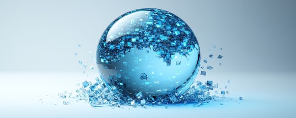 Poster - Futuristic blue glass globe on a white background, with glowing data blocks and digital lines emanating around it, symbolizing modern technology