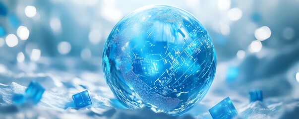 Poster - Futuristic blue glass globe on a white background, with glowing data blocks and digital lines emanating around it, symbolizing modern technology