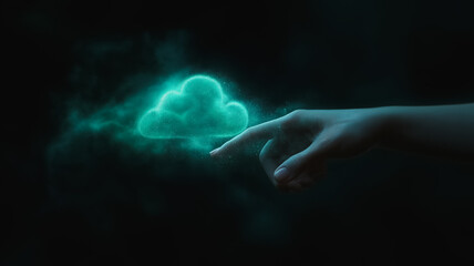 Poster - Reaching into the Cloud: A hand gently touches a glowing teal cloud symbol against a dark, smoky backdrop.  The image evokes mystery, innovation, and the limitless potential of cloud technology. 