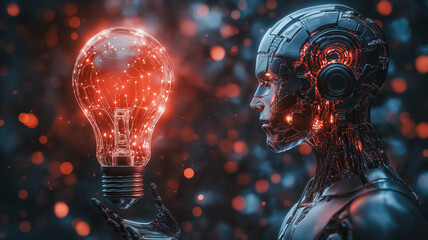Poster - Artificial Intelligence, Innovation, and the Glowing Orb: A futuristic android gazes intently at a glowing lightbulb, symbolizing groundbreaking ideas and technological advancement.