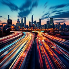 city traffic on an urban highway during evening rush hour, with car headlights and dynamic night transport highlighted by motion blur and long exposure