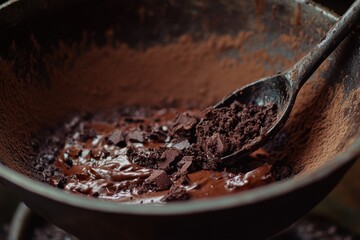 Wall Mural - Dark Chocolate Mixture In A Rustic Bowl With Spoon