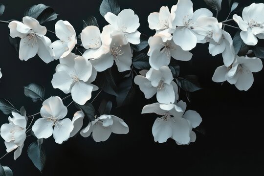 A high-definition 3D rendering of flowering white apple blossoms blooming slowly, set against a black background.