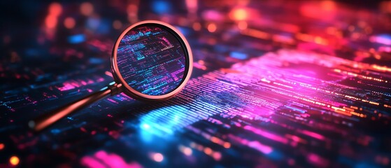 Poster - IT Security Risk Assessment concept, with a magnifying glass zooming in on a document, surrounded by an abstract technology background filled with circuit patterns