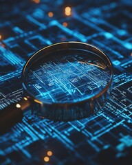 Poster - IT Security Risk Assessment depicted with a magnifying glass on a document, framed by an abstract techinspired environment with digital patterns and data protection icons