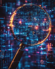 Poster - IT Security Risk Assessment depicted with a magnifying glass on a document, framed by an abstract techinspired environment with digital patterns and data protection icons