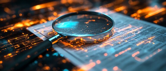 Poster - IT Security Risk Assessment concept, with a magnifying glass zooming in on a document, surrounded by an abstract technology background filled with circuit patterns