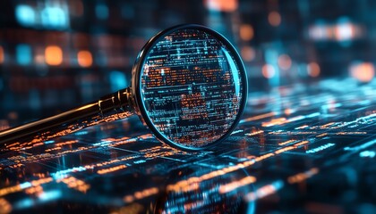 Poster - IT Security Risk Assessment depicted with a magnifying glass on a document, framed by an abstract techinspired environment with digital patterns and data protection icons