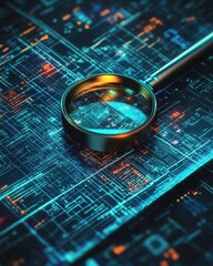 Poster - IT Security Risk Assessment depicted with a magnifying glass on a document, framed by an abstract techinspired environment with digital patterns and data protection icons