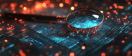 Poster - IT Security Risk Assessment concept, with a magnifying glass zooming in on a document, surrounded by an abstract technology background filled with circuit patterns