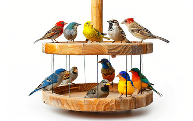 Wooden Bird Feeder with Colorful Songbirds on white background.PNG