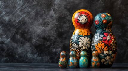 Colorful nesting dolls arranged elegantly on a textured black background showcasing traditional craftsmanship and cultural heritage.