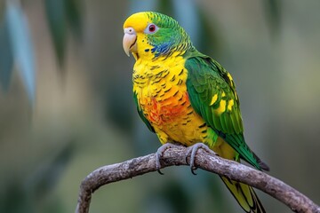 A vibrant yellow and green parrot perched on a branch