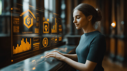 Poster - Data Analyst at Work: A focused young woman analyzes data on a futuristic holographic interface, showcasing modern technology and data analysis in a professional setting.  