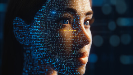 Poster - Digital Identity: A woman's face is composed of digital code, representing the intersection of humanity and technology. Her eyes reflect a sense of wonder and curiosity.