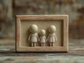 A minimalist sculpture depicting a family of three figures in a framed setting.