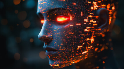 Poster - Cybernetic Woman: Glowing Circuits and Intense Gaze 