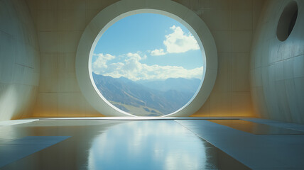 Poster - Circular Window with Mountain View 