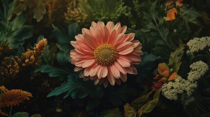 Poster - Pink Chrysanthemum Flower Surrounded by Lush Greenery in a Vibrant Garden Setting