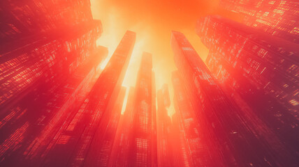 Poster - Crimson Cityscape: A dramatic low-angle shot of skyscrapers bathed in intense red light, creating a surreal and powerful urban landscape. The image evokes a sense of mystery and grandeur. 