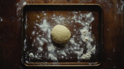 Fototapete - Overhead view of freshly kneaded dough on a flour-dusted baking sheet ready for baking in a rustic kitchen setting