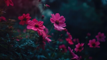 Poster - Vibrant pink cosmos flowers blooming in a serene garden setting with soft lighting and lush green foliage