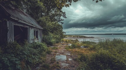 Poster - Abandoned shoreline with overgrown vegetation and stormy skies creating a moody atmosphere by the water's edge.