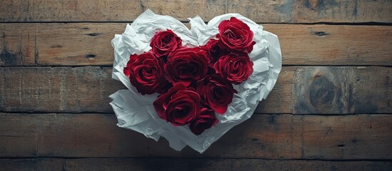 Aufkleber - Romantic paper heart surrounded by vibrant red roses on rustic wooden floor ideal for love themed designs and creative projects