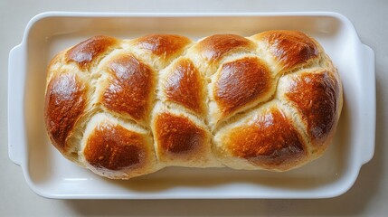 Poster - Overhead view of a golden brown braided bread loaf freshly baked on a white serving dish ideal for culinary presentations and delicious recipes