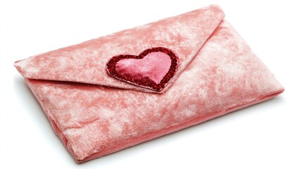 Poster - Velvet pink envelope with red heart embellishment isolated on white background for romantic greetings and love-themed designs