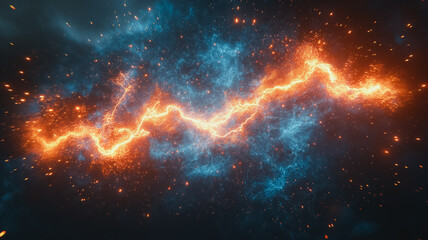 Poster - Fiery Cosmic Collision: Abstract artwork depicting a vibrant clash of fiery orange and cool blue energy, resembling a lightning bolt or cosmic event within a nebula. Perfect for science fiction.